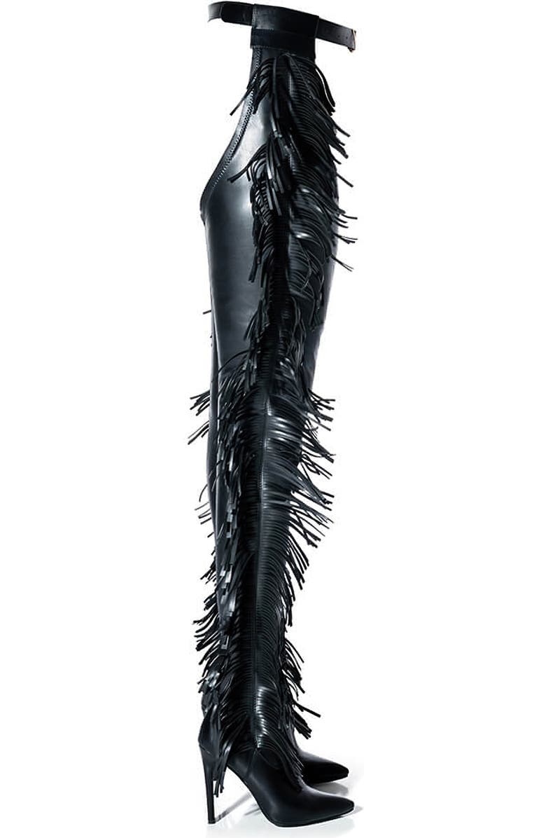AZALEA WANG Patrice Fringe Belted Thigh High Boot, Main, color,
