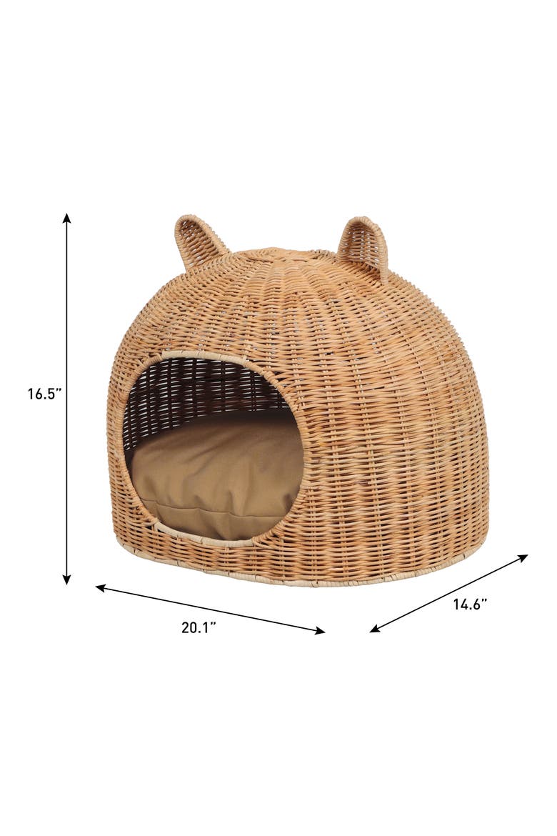 Cat Ear Water Hyacinth Pet Bed with Machine-Washable Cushion, Alternate, color, Light Brown