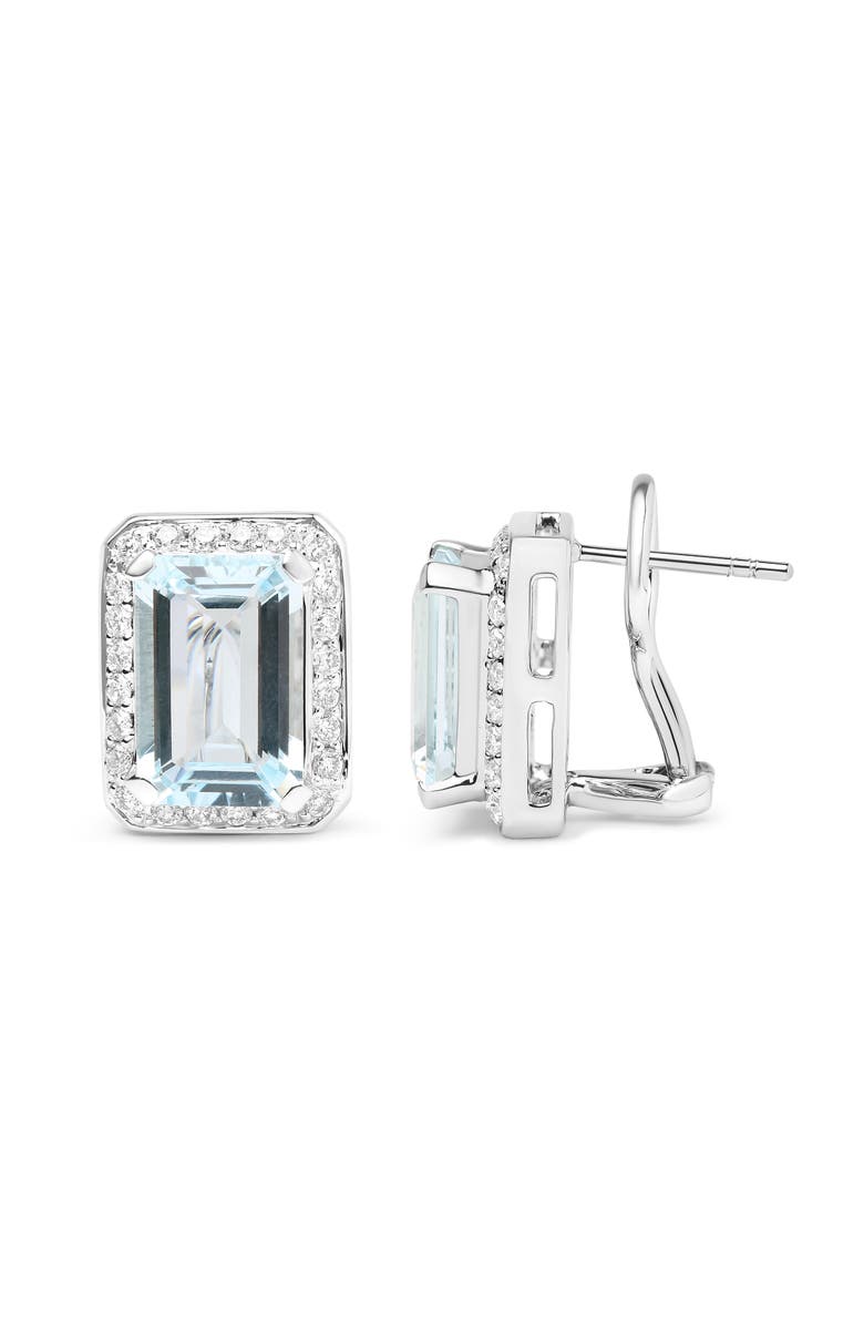 Haus of Brilliance 18K White Gold 3/4 Ct Diamond & Blue Aquamarine Gemstone Halo Omega Stud Earrings, Alternate, color, White