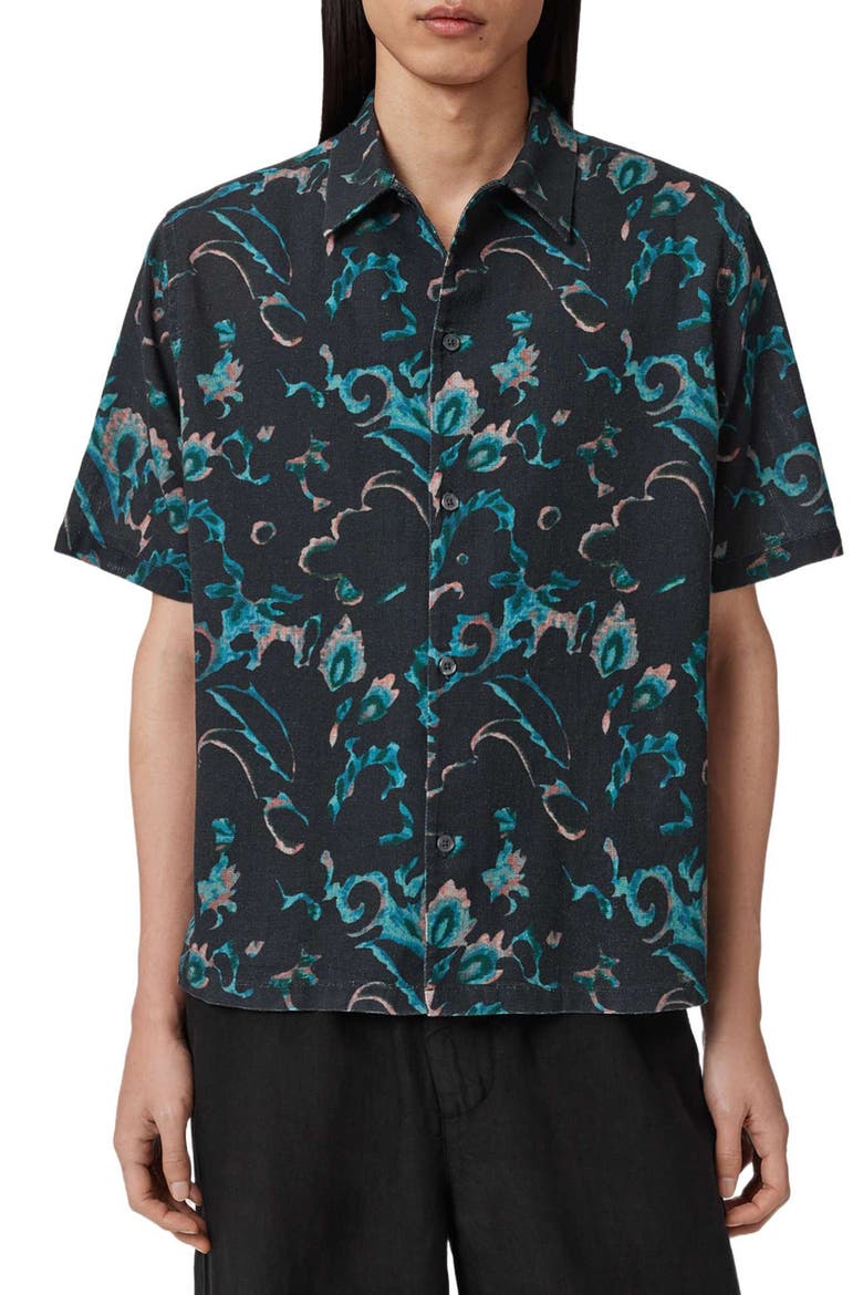 Fortune Linen & Cotton Short Sleeve Button-Up Shirt, Main, color, AQUA BLUE