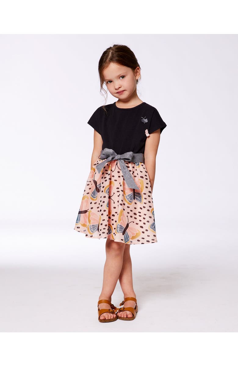 Deux par Deux Little Girl's Bi-Material Dress With Printed Skirt Black, Pink, And Butterflies, Alternate, color, 