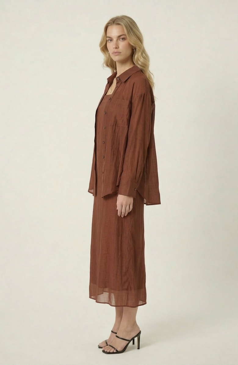 Modenaire Sheer Layered Two Piece Midi Dress Set, Alternate, color, Rust