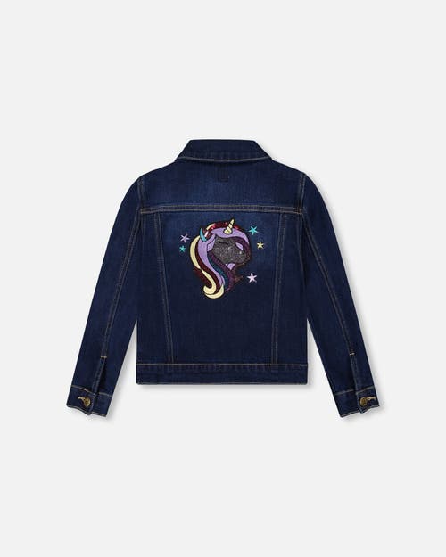 Deux Par Deux Stretch Denim Jacket With Glittery Hearts And Unicorn In Blue