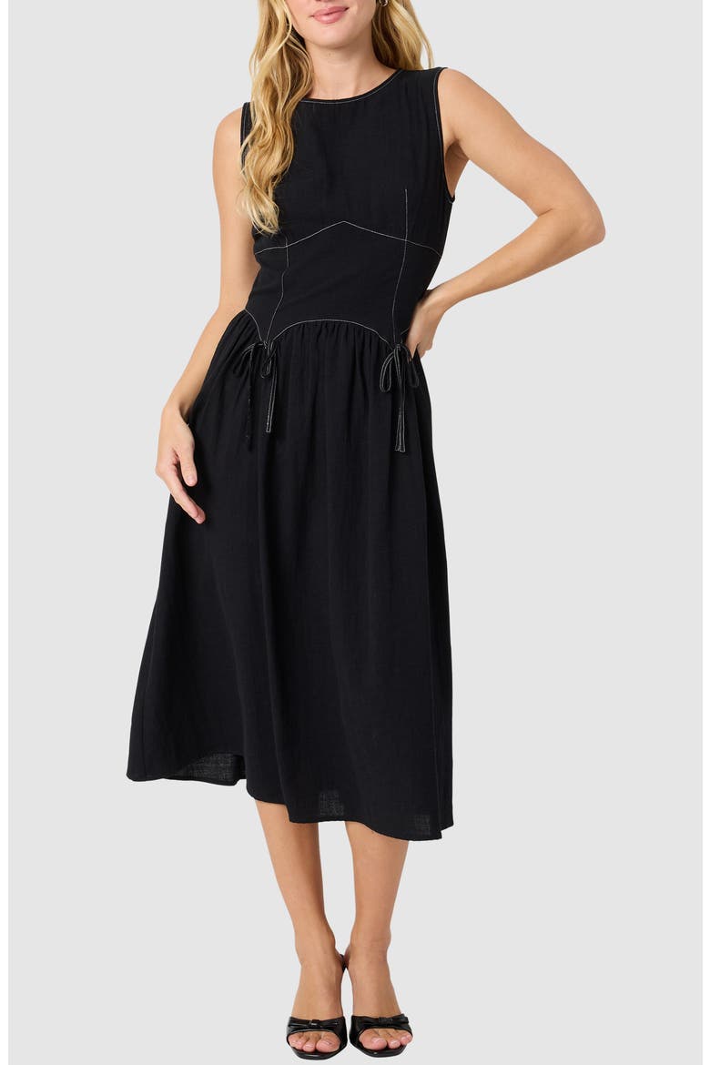 Contrast Stitch Sleeveless Cotton Midi Dress, Main, color, BLACK