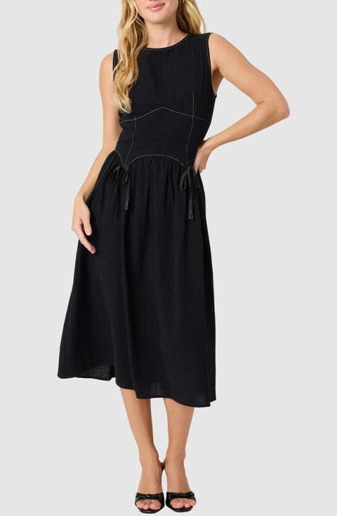 Contrast Stitch Sleeveless Cotton Midi Dress