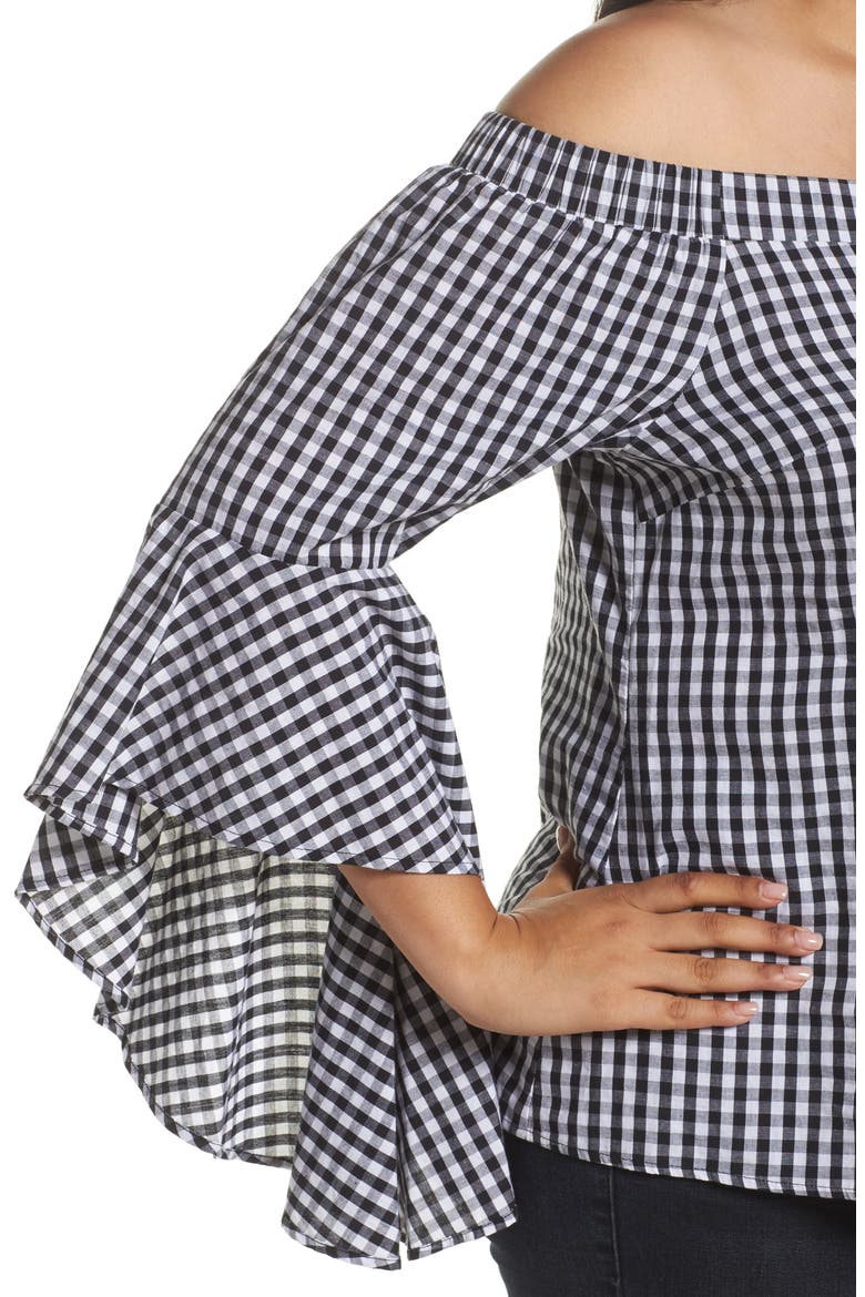 Bell Sleeve Off the Shoulder Shirt, Alternate, color, BLACK / WHITE