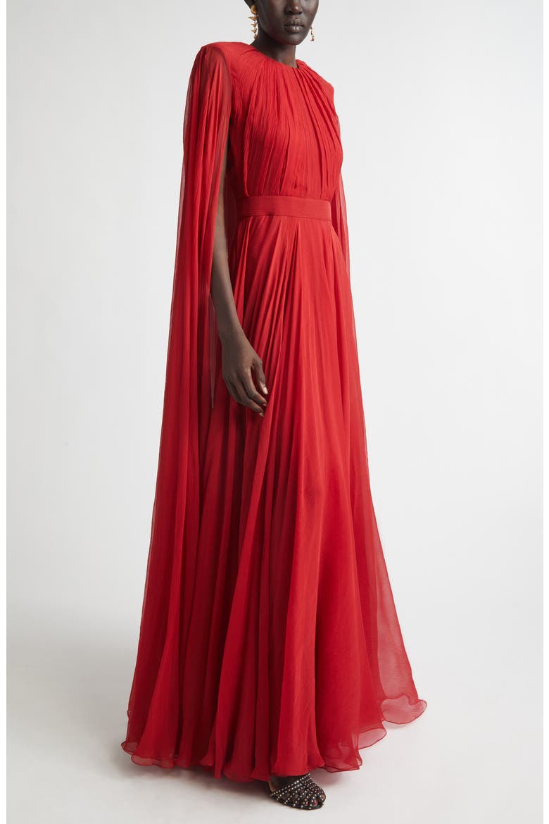 Long Sleeve Silk Crepon Cape Gown, Alternate, color, DARK RED
