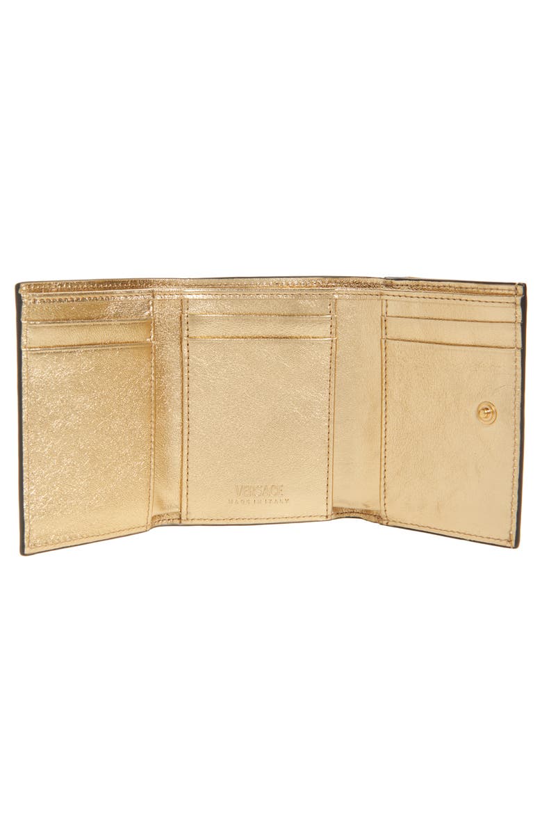Versace Logo Metallic Leather Trifold Wallet, Alternate, color, Mekong Gold Versace