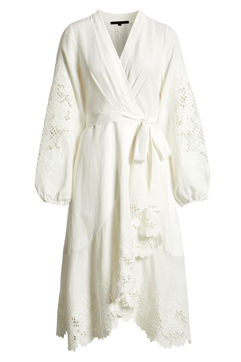 Lace Detail Long Sleeve Midi Wrap Dress, Alternate, color, WHITE