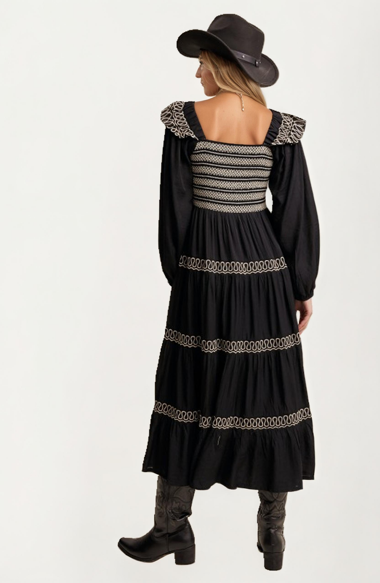 Knit and Lounge Smocked Bodice Tiered Maxi Dress with Embroidered Trim, Alternate, color, Black