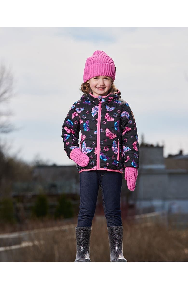 Deux par Deux Little Girl's Printed Quilted Mid-Season Jacket Multicolored Butterflies On Black Background, Alternate, color, 