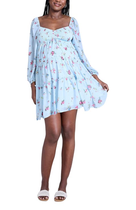 Long Sleeve Front Tie Tiered Maternity Mini Dress