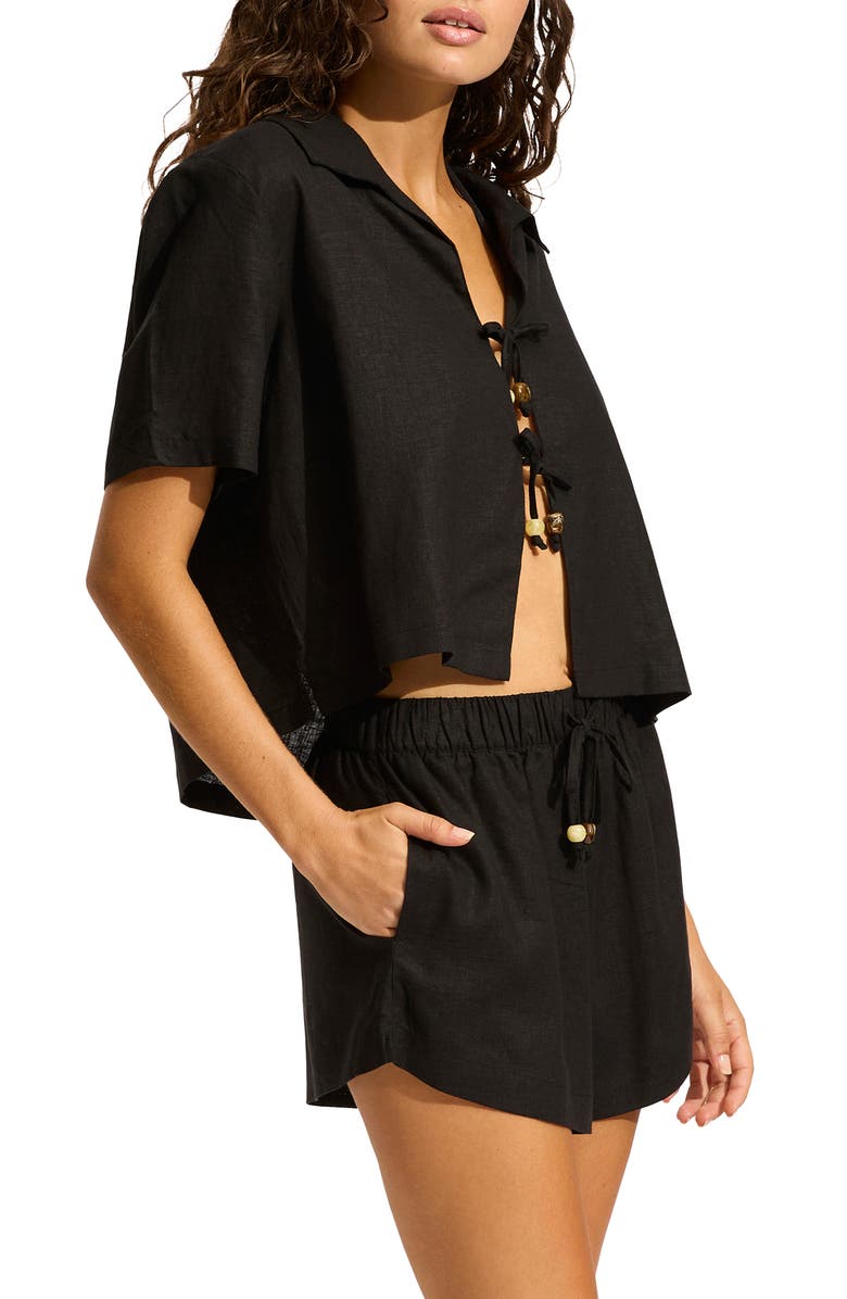 Seafolly Palermo Tie Front Cover-Up Shirt, Alternate, color, Black