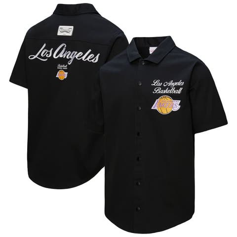 Men's Mitchell & Ness Black Los Angeles Lakers Hardwood Classics Camp Shirt