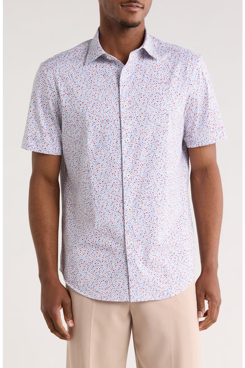 Print Short Sleeve Button-Up Shirt, Main, color, PIMENTO