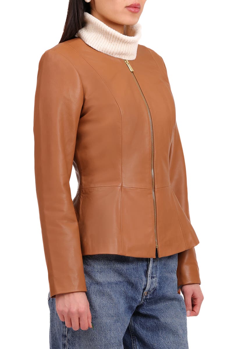 Bagatelle Genuine Leather Zip Front Peplum Jacket, Alternate, color, Cognac