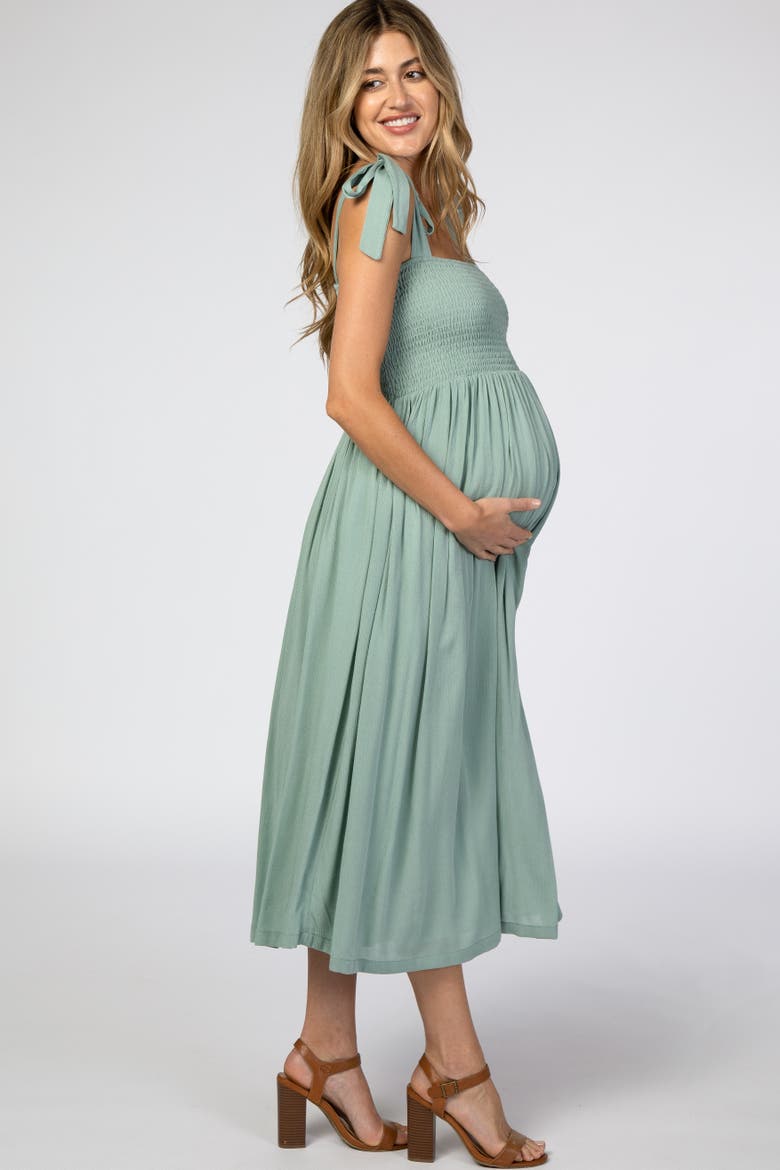 Smocked Tie Strap Midi Dress, Alternate, color, Mint Green