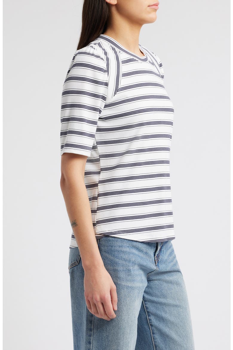 Puff Sleeve Stripe Rib Top, Alternate, color, OFF WHITE/ NAVY