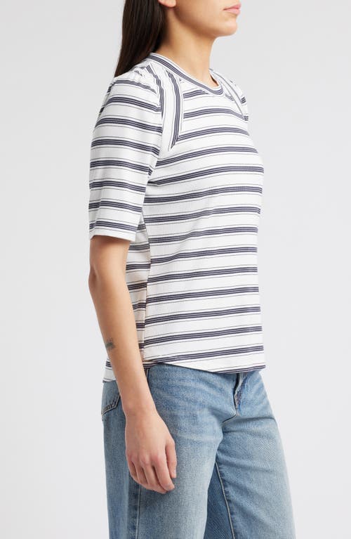 Wit & Wisdom Puff Sleeve Stripe Rib Top In Off White/navy