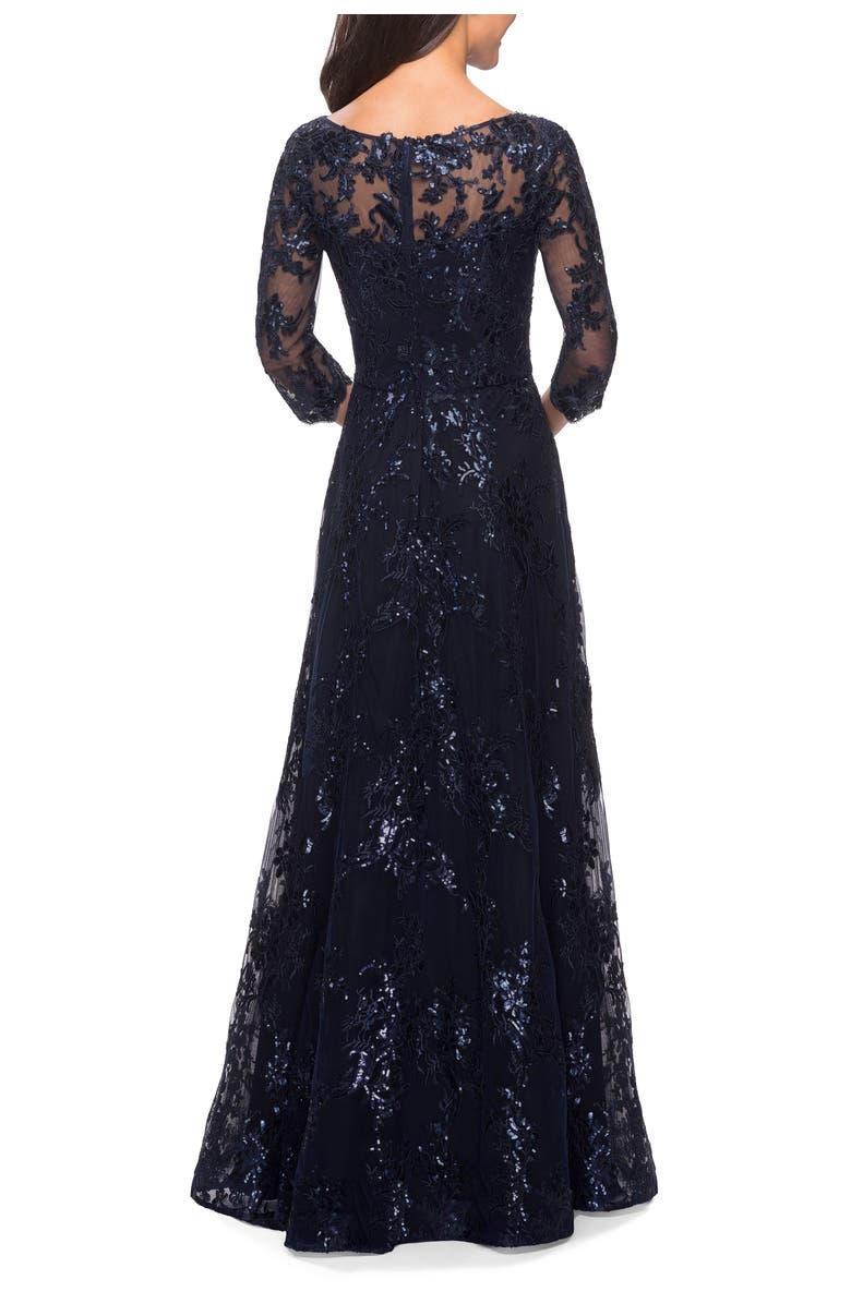 La Femme Long Lace Dress with Sequins and Sheer 3/4 Sleeves, Alternate, color, Navy