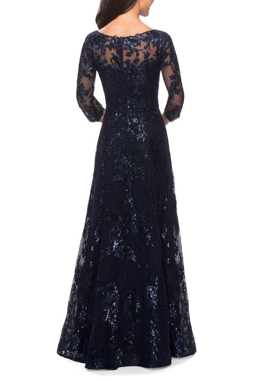 La Femme Long Lace Dress With Sequins And Sheer 3/4 Sleeves In Navy