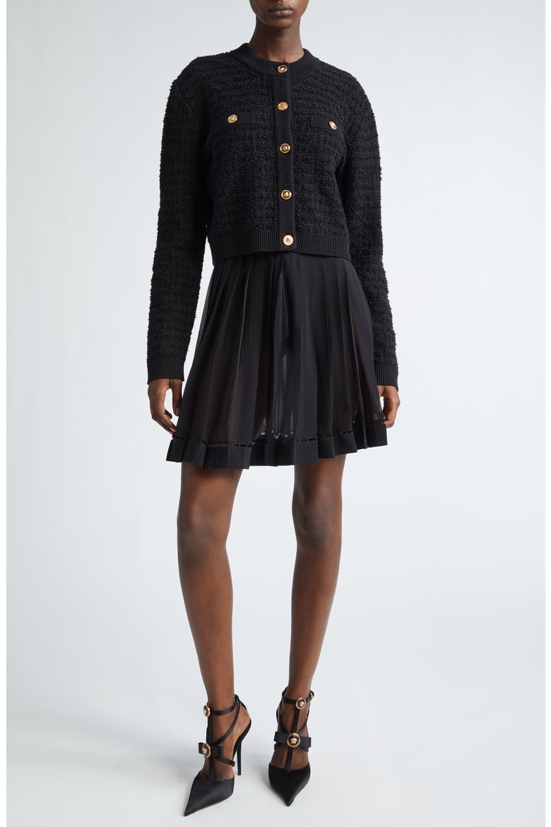 Wool Blend College Tweed Cardigan, Alternate, color, BLACK