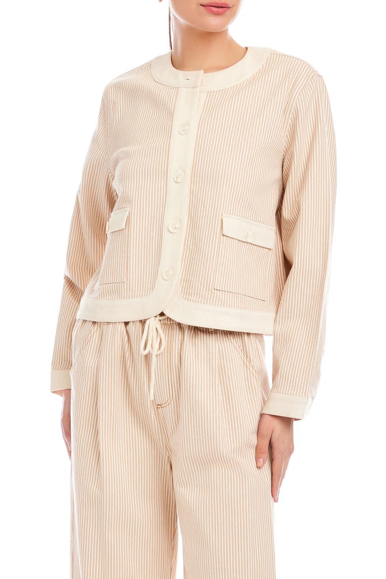 Myra Stripe Contrast Trim Crop Jacket, Main, color, KHAKI/ CREAM