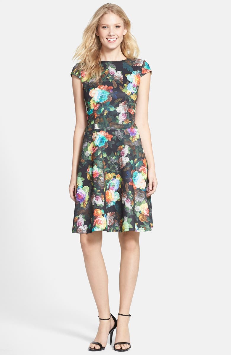Chetta B Floral Print Scuba Fit & Flare Dress, Alternate, color,