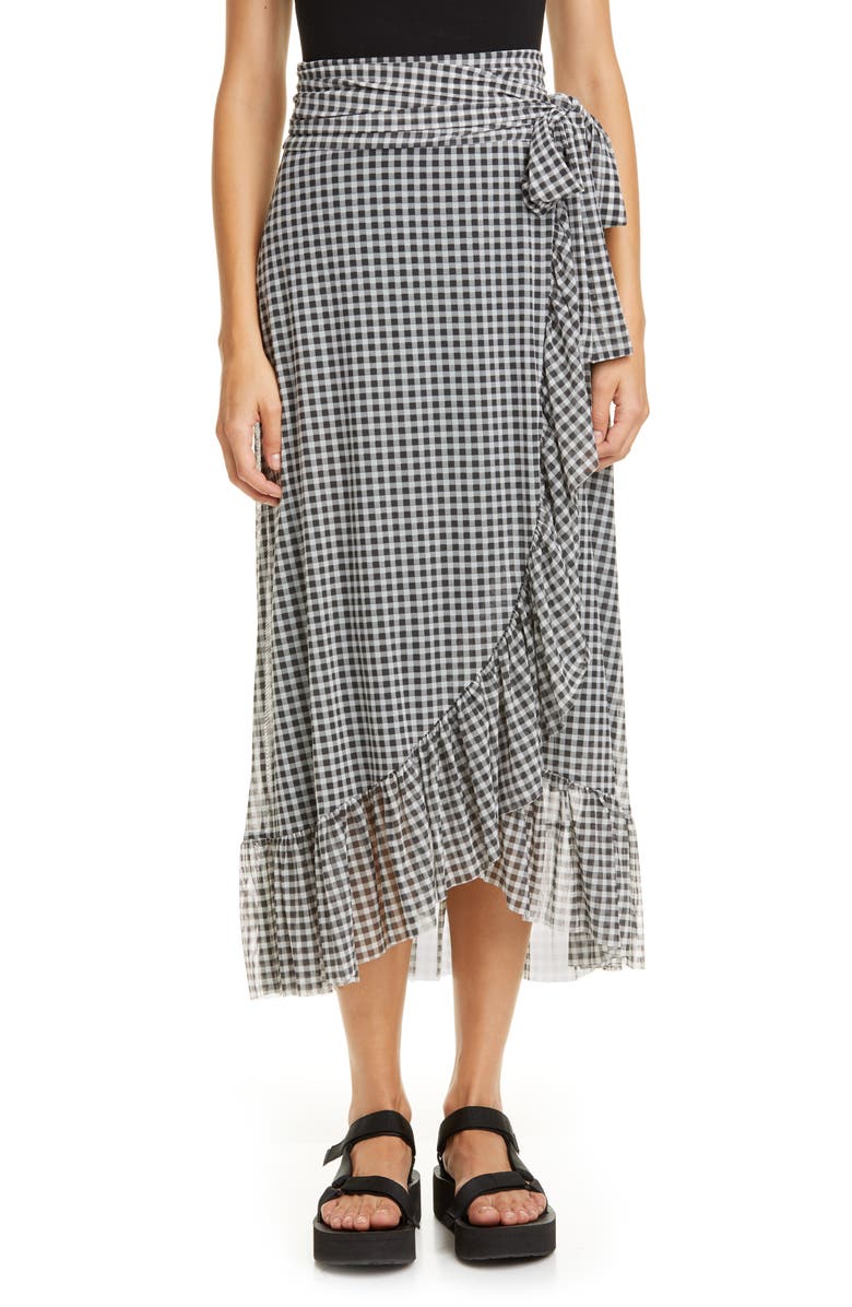 Ganni Gingham Print Mesh Midi Wrap Skirt, Main, color,