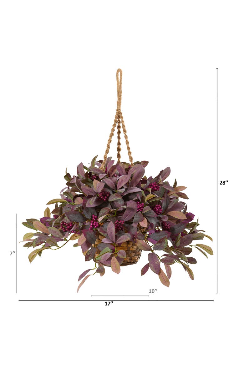 NEARLY NATURAL 28-in Fall Laurel Leaf with Berries Artificial Plant in Hanging Basket, Alternate, color, Lavender