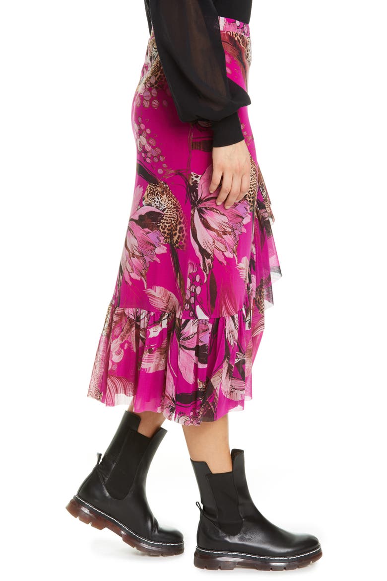 Leopard & Floral Print Ruffle Mesh Skirt, Alternate, color, AZALEA