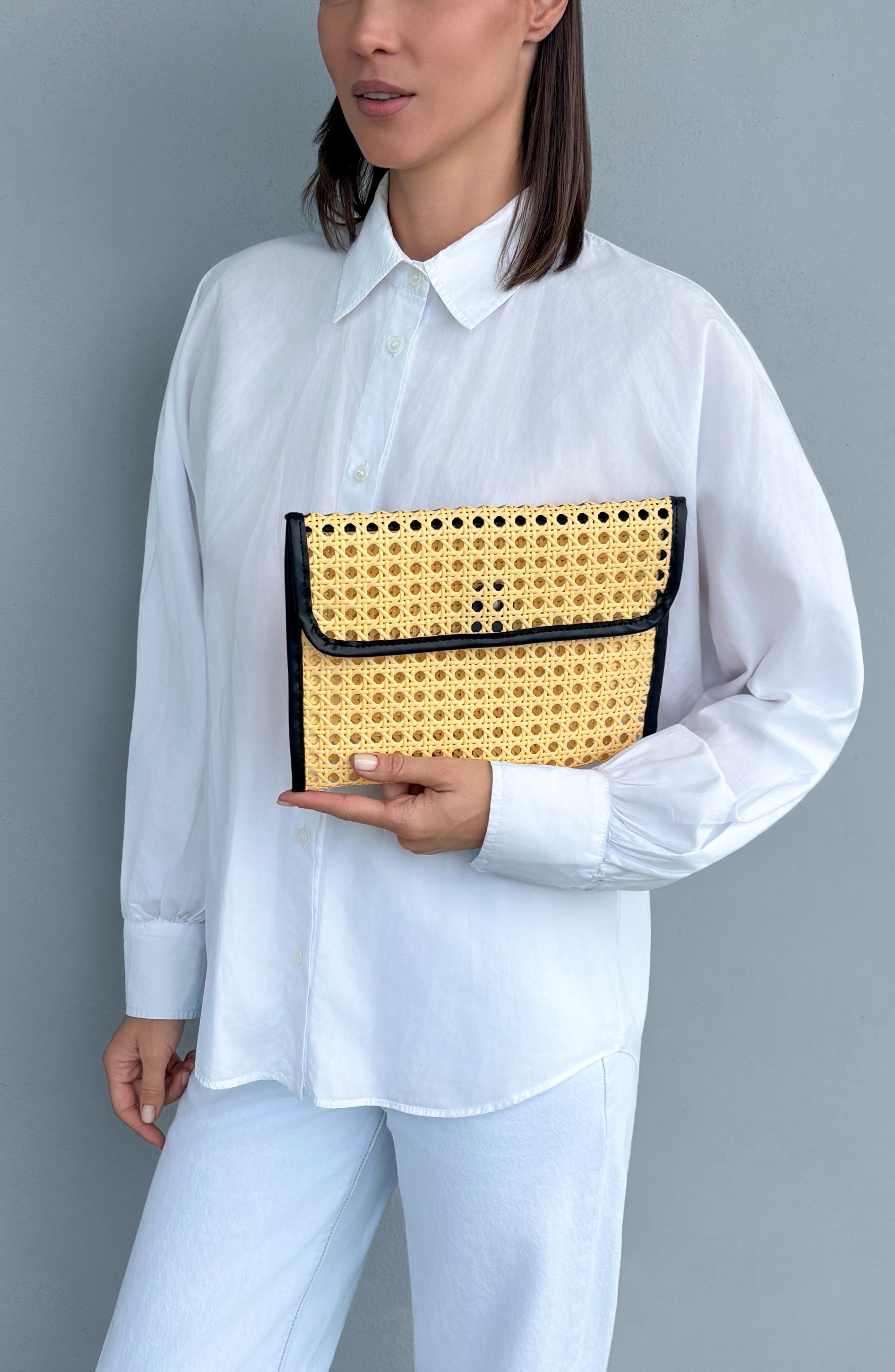 Rattan and Faux Leather Clutch, Alternate, color, BLACK/ TAN