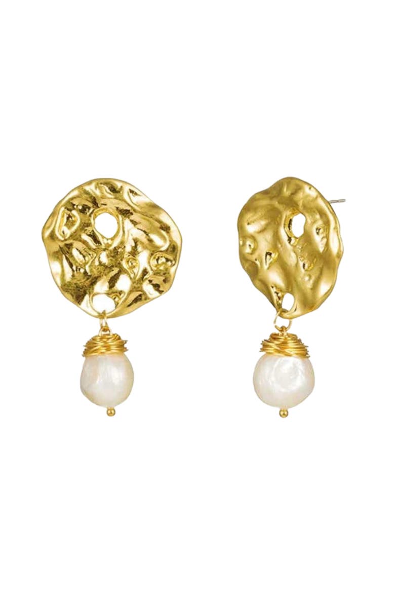 Baroque Pearl Drop Earrings with Hammered Earrings, Main, color, Gold