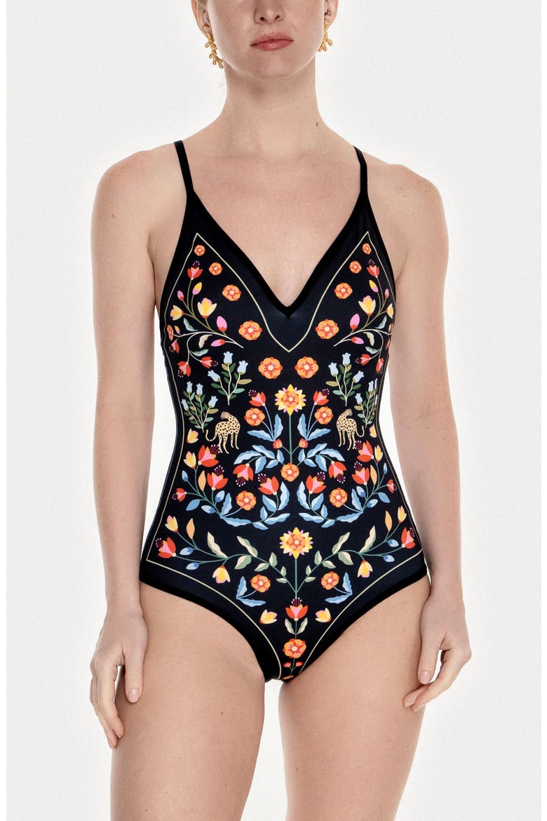 Night Imagination Reversible V-Neck One-Piece Swimsuit, Main, color, Black