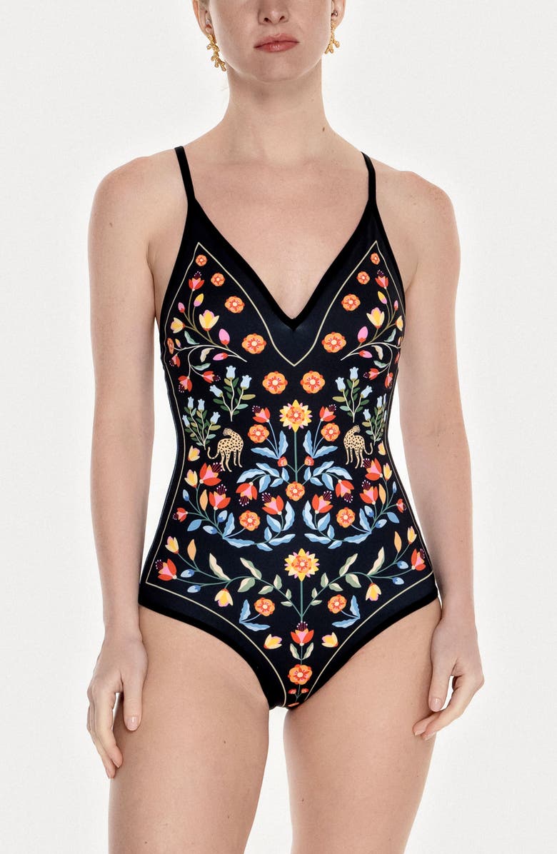 Jessie Zhao New York Night Imagination Reversible V-Neck One-Piece Swimsuit, Main, color, Black