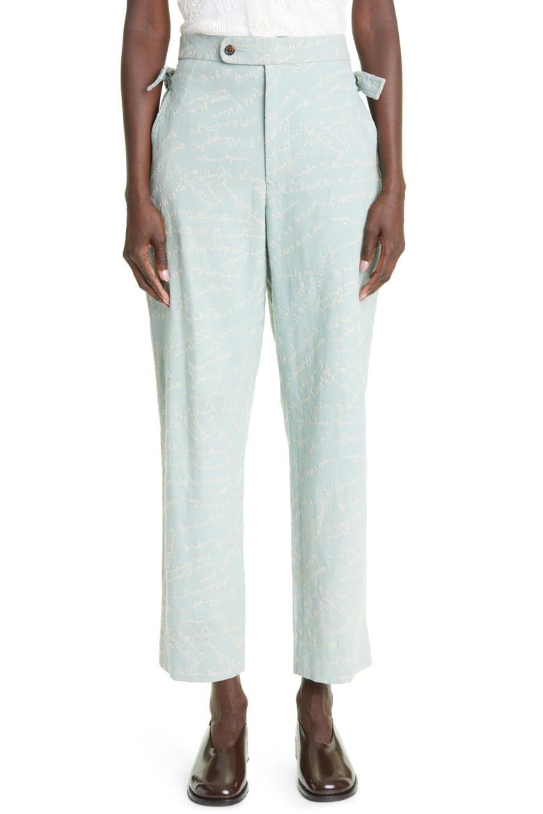 Powder Signature Embroidered Bow Cotton & Linen Ankle Pants, Main, color, BLUE
