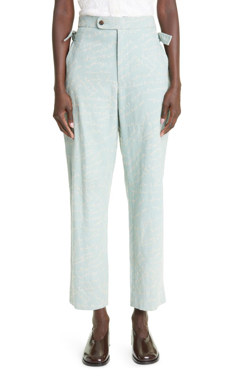 Bode Powder Signature Embroidered Bow Cotton & Linen Ankle Pants, Main, color, 