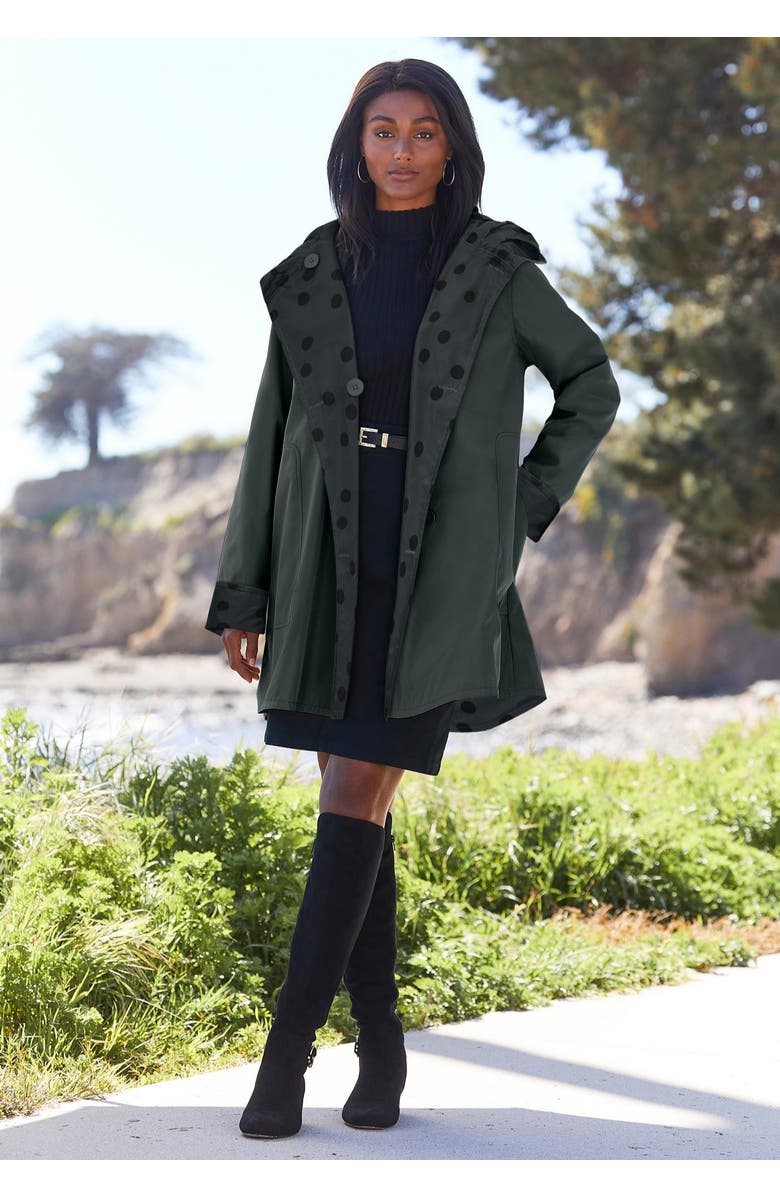 Jessica London Reversible A-Line Raincoat, Main, color, Dark Charcoal Dot