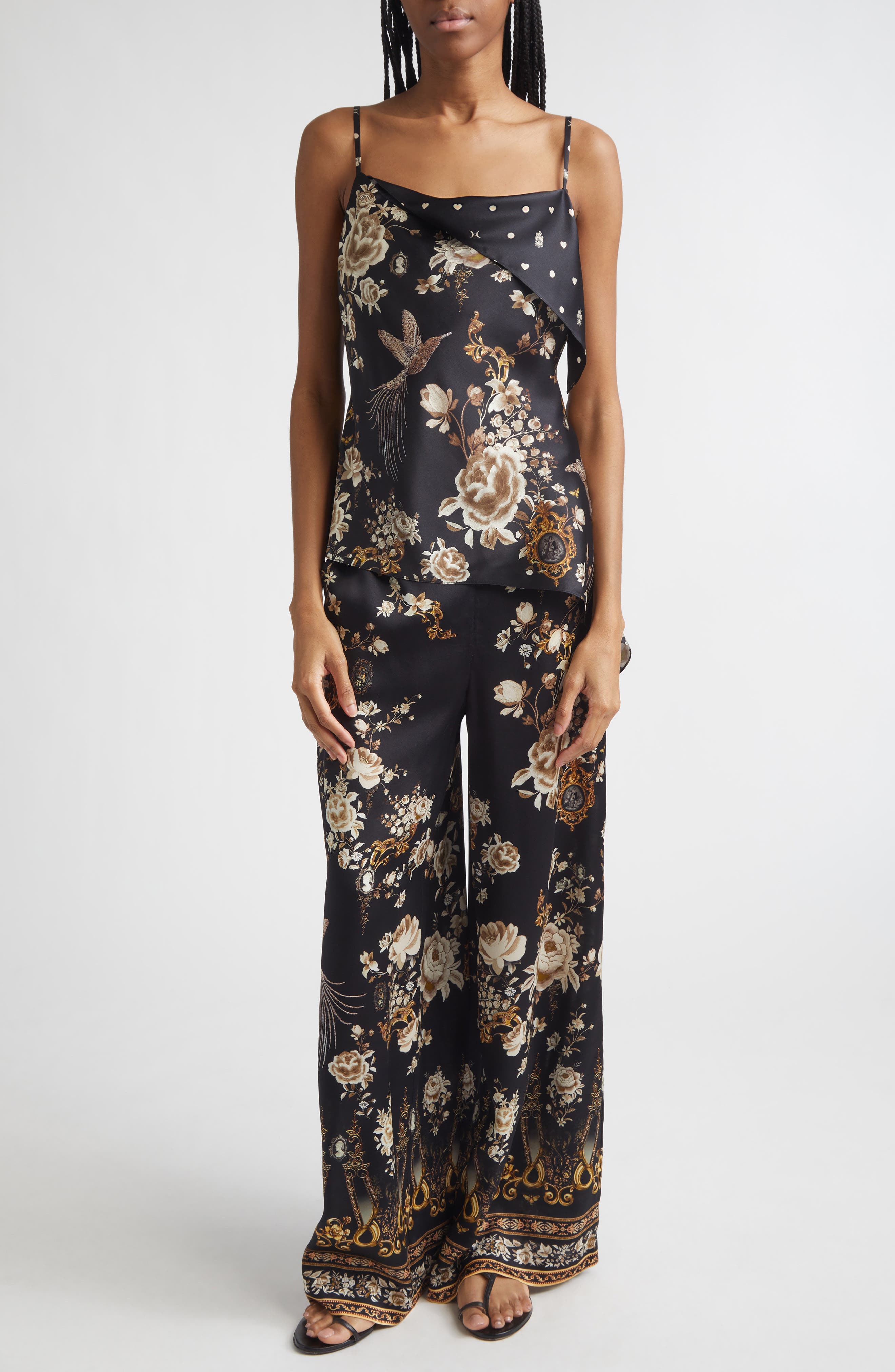 Flamenco Folklore Print Draped Asymmetric Silk Camisole - image 2