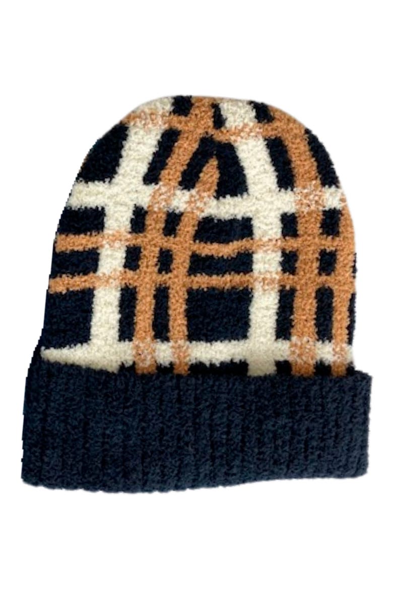 Cozy Plaid Cuff Beanie, Main, color, BLACK