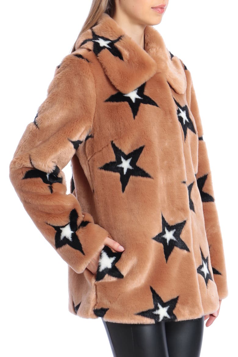 Star Print Faux Fur Swing Coat, Alternate, color, CAMEL/ BLACK STAR