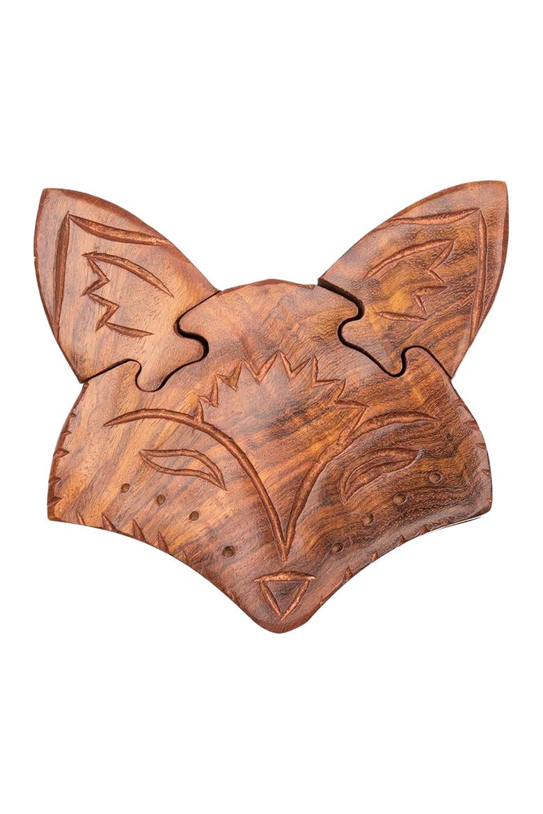 Fox Face Puzzle Box - Hand Carved Sustainable Wood, Main, color, Brown