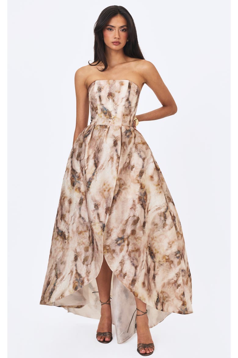 Micaela Watercolor Jacquard Chiffon Dipped Hem Gown, Main, color, Camel