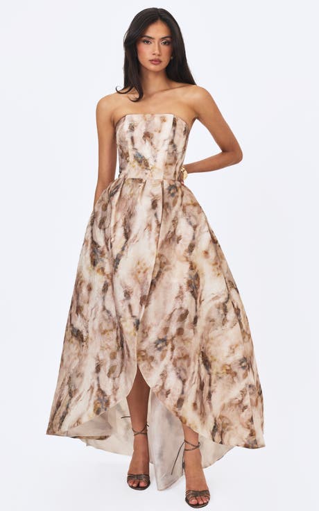 Micaela Watercolor Jacquard Chiffon Dipped Hem Gown