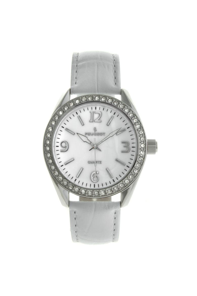 Round Crystal Accented Bezel Leather Watch - 40MM, Main, color, White