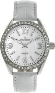 Peugeot Round Crystal Accented Bezel Leather Watch - 40MM