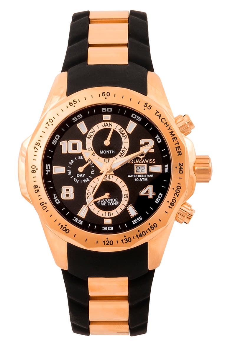 Men's Trax II Silicone Strap Watch, 43mm x 53mm, Main, color, BLACK/ ROSEGOLD