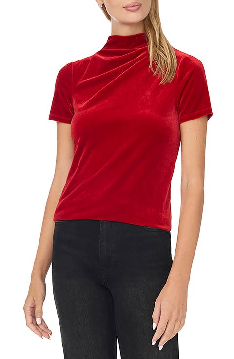 Shoulder Pleated Cowl Neck Velvet Top