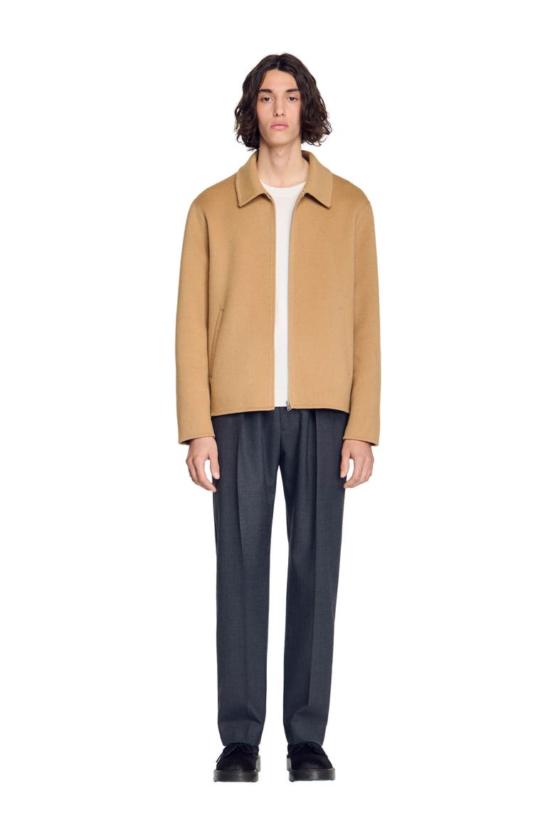 Double-faced wool zip-up jacket, Alternate, color, Camel
