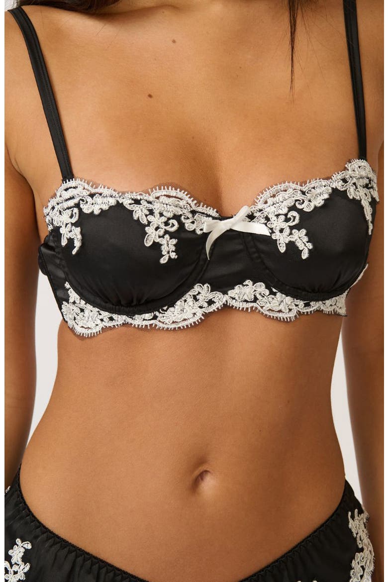 Cinderella Lace Trim Underwire Strapless Satin Bra, Main, color, BLACK